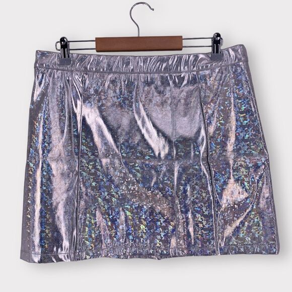 NWT Allegra K Silver Metallic Shiny Holographic Zipper Mini Skirt XL - Picture 4 of 13